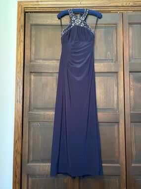 Xscape Navy Halter Maxi Dress with Beaded Yoke